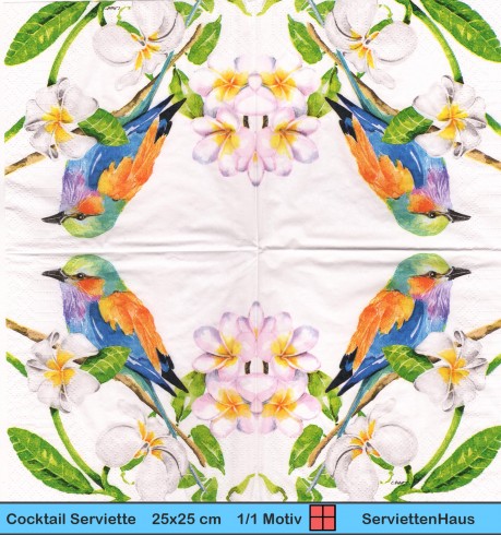 Kleiner bunter Vogel im blühenden Baum - 1 Cocktail Serviette